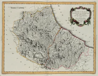Távol és itt Abruzzo, G. Zuliani metszete az Antonio Zatta által 1783-ban Velencében kiadott „Legújabb atlasz” II. Tome-jából, magángyűjtemény