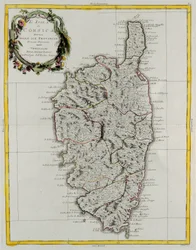 Korzika tartományaira osztott szigete, G. Zuliani metszete az Antonio Zatta által 1782-ben Velencében kiadott „Legújabb atlasz” II.