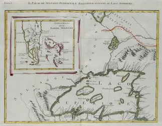 Az ottawai és a kilistin indiánok földje a Felső-tó körül és Kelet-Florida kiegészítése, G. Zuliani metszet I. Tome-jából a "Legújabb atlasz"-ból, amelyet 1778-ban Velencében adott ki Antonio Zatta, magángyűjtemény