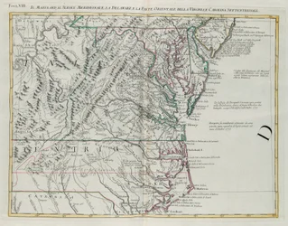 Maryland, New Jersey déli része, Delaware és Virginia és Észak-Karolina keleti része, G. Zuliani metszet I. Tome-tól vett „Legújabb atlasz”-ból, amelyet 1778-ban Velencében adott ki Antonio Zatta, Magángyűjtemény
