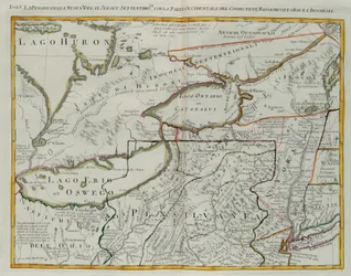 Pennsylvania, New York, New Jersey déli része, Connecticut nyugati részével, a Massachusetts-öböllel és az Irokézek földjével, G. Zuliani metszetét az 1778-ban Velencében kiadott „Legújabb atlasz” I. Tome-jából vette át Antonio Zatta, Magángyűjtemény