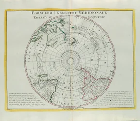 A Föld déli féltekéje az Egyenlítőnél vágva, G. Zuliani metszete a Velencében 1779-ben kiadott Legújabb Atlasz I. tomájából vett metszet, Antonio Zatta