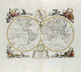 Világtérkép és a földgömb általános leírása, G. Zuliani metszet, amelyet Antonio Zatta 1774-ben Velencében kiadott Legújabb Atlasz I. toméjából vett