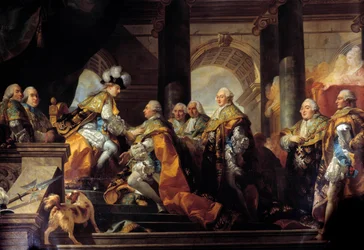 XVI. Lajos király (1754-1793) 1775. 06. 13-i felszentelése után Reimsben megkapta a Szentlélek Lovagrend (Szentlélek rend) lovagjai tiszteletdíját. Gabriel Doyen (1726-1806) festménye V. 3,45 x 4,85 m