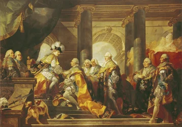 XVI. Lajos (1754-93) francia király, a Szent Esprit Lovagrend lovagjainak hódolatát fogadja Reimsben, 1775. június 13.
