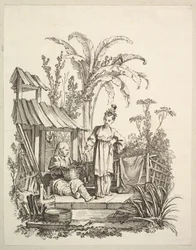 Egy ülő kínai férfi és egy halat hordozó nő, kb. 1742.