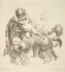 Három gyerek a felhők között drapériát cipelve, 1738-45.