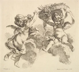 Két gyermek, egy kosár virágokkal, 1738-45.