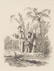 Két nő egy gyereket egy teáskanna felé vezet egy asztalon egy tó közelében, kb. 1742.