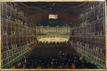 Vacsora a San Benedetto Színházban – „” Fogadás az északi hercegek tiszteletére”” Bankett a nagykövetek összejövetelével. Gabriel Bella (1730-1799) festménye 18. századi Velence, Galleria Fondazione Querini Stampalia