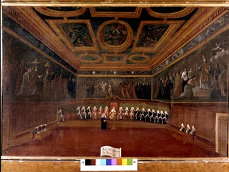A Tízek Tanácsa a Dózse-palotában a 18. században - Sala del Consiglio dei Dieci, 1725 - A Tízek Tanácsának terme, Dózse-palota, Velence (18. század) - A dózse és a Tízek Tanácsa. Correr Múzeum, Velence