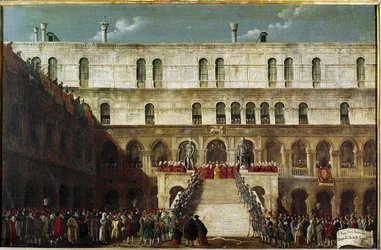 A dózse beiktatása a Geants lépcsőházába (a dózse megkoronázása a velencei Scala dei Gigantiban) - Gabriele Bella festménye (kb. Velence, Querini Stampalia Alapítvány