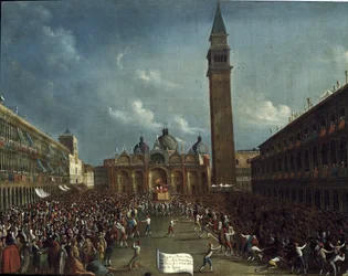 Dózsa felvonulás és pénzosztás a polgároknak a Szent Márk téren - Gabriele Bella (kb. 1730-1799) festménye. Velence, Querini Stampal Alapítvány