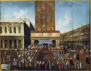 Nyilvános lottó a Loggettában, a Piazza San Marco, Velence „” - A sorsolás (sorsolás) a velencei Szent Márk téri Loggettában”” Gabriel Bella (1730-1799) festménye 18. századi Velence, Alapítvány „ “Querini Stampalia””