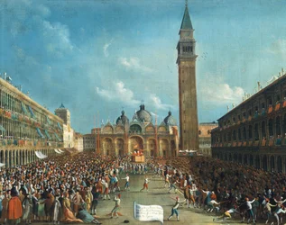 A Dózsát diadalmasan hordják és szórják a pénzt a Piazza San Marco (Szent Márk téren)