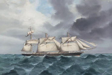 A "Blackadder" Clipper hajó a tengeren, az elő- és a főárboc törve