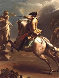 Egy allegória: Egy fiatal lovas pisztollyal lövöldöz egy öregember szobrára