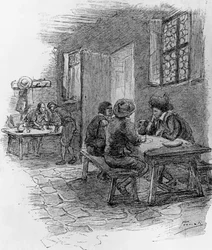 Renzo, Tonio és Gervase a fogadóban, VII. fejezet, Gaetano Previati (1852-1920) illusztrációja a Hűséghez, Alessandro Manzoni (1785-1873) történelmi regénye