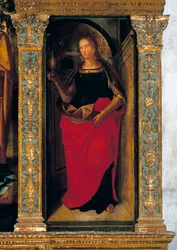 Poliptichon a betlehemmel, oldalpanelekkel Szent Pétert, Pált, Kelement és Magdolnát ábrázolva (Mária Magdolna részlete)