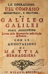 Galileo Galilei (1564-1642) Geometriai és katonai körző műveletei című művének címlapja, Mattia Bernaggieri jegyzeteivel, Milánóban kiadva