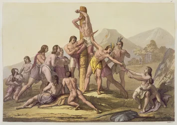 Perui indiánok áldozatot hozva, a „Le Costume Ancien et Moderne” I. kötet 15. lemezéből, Jules Ferrario, kiadva az 1820-as és 30-as évek körül (színes litho)