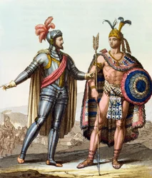 Hernan Cortes (1485-1547) és II. Montezuma (1466-1520) találkozása Jules Ferrario „Le Costume Ancien ou Moderne” című művéből, Milánó, 1820 körül