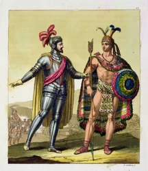 Hernando Cortes (1485-1547) és II. Montezuma (1466-1520) találkozása, Jules Ferrario „Le Costume Ancien et Moderne” I. kötetének 63. táblájából, az 1820-as és 30-as évek körül megjelent (színes metszet)