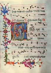 6. jegyzetben szereplő antiphonárium, a kórus által a mise alatt énekelt énekeket tartalmazó könyv (pergamen).