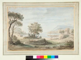 Táj egy kerek templommal (toll és barna tinta és színes mosás)
