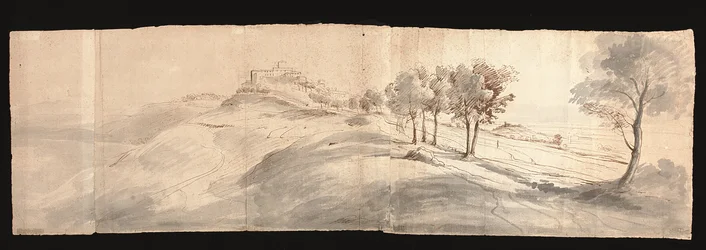 A római vidék látképe, Castel Gandolfo közelében (fekete kréta, toll és barna tinta, szürke mosás/papír)