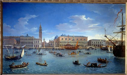 Velence látképe, a rakparttal, a térrel és a Dózse-palotával, Szent György szigetéről (San Giorgio), 1697, méret: 1,74 x 0,98 m, Madrid, Museo del Prado