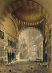 Hagia Sophia, 24. tábla: a központi kupola belseje leengedett csillárokkal, vésette Louis Haghe (1806-85), megjelent 1852