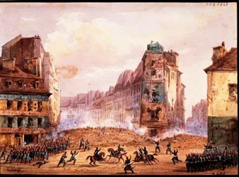 Jelenet az 1848-as forradalomból, a Culture Sainte Catherine utcai barikád február hónapban, Gobaut, Franciaország