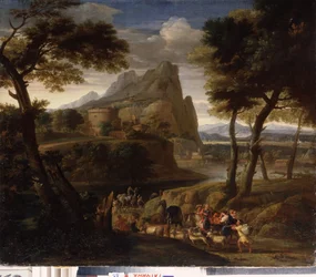 ""Táj utazók csoportjával"" (Táj karavánnal) Gaspard Dughet (1615-1675) festménye 17. századi Állami Szabadtéri Múzeum, Gatchina palota, Szentpétervár