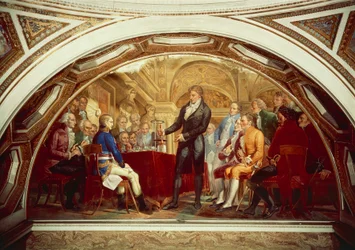 Alessandro Volta (1745-1827) bemutatja újonnan feltalált akkumulátorát Napóleonnak (1769-1821) a párizsi Institut de France-ban, november 7-én