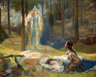 A kinyilatkoztatás, Brünnhilde (Brunehilde, Brynhildr) felfedezi Siegmundot és Sieglindét - A kinyilatkoztatás. Brünnhilde látja Siegmundot és Sieglindét, Bussière, Gaston (1862-1928) műve