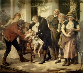 Az első oltás Edward Jenner (1749-1823), a himlő elleni vakcinát felfedező brit orvos által. Gaston Mélingue (1840-1914) festménye, 1796. Párizs, Orvosi Akadémia
