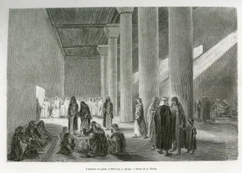 Muhammad Ibn Abdullah Al Rashid emír (1872-1897) palotájában, Hailben, Szaúd-Arábiában. G. Vuillier metszete a „" pelerinage au Nedjed, az arab faj bölcsője" című történet illusztrálására, Lady Anna Blunttól, 1878-1879-ben, megjelent a Tour du mo-ban