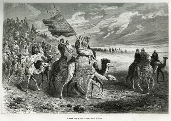 A Berak, Ibn Al Rashid emír (1872-1890) zászlaja (Szaúd-Arábia). G. Vuillier metszet a „" pelerinage au Nedjed, az arab faj bölcsője" című történet illusztrálására, Lady Anna Blunttól, 1878-1879-ben, megjelent a Tour du monde-ban, irányítása alatt