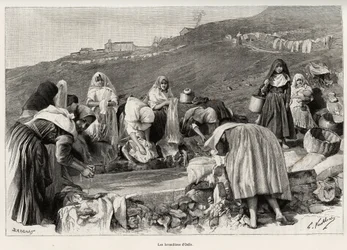 Az osilói levendula (Olaszország), a nők összegyűltek a medence körül. Gaston Vuillier (1845-1915) „” La Sardaigne” című metszete és története 1890-ben a Le tour du monde-ban, az új voyages folyóiratban, Edouard Charton (1807-1890) irányításával, 2. félév