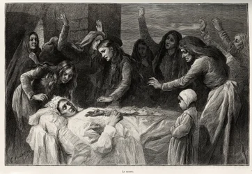 A vocero, korzikai funebre dal bosszúra hív. Gaston Vuillier (1845-1915) „La Corse” című metszete és története 1890-ben a Le tour du monde-ban, a nouveau Journal des voyages-ben, Edouard Charton (1807-1890) irányításával