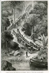 Tragging kenuk az Innkissi-vízesésnél (vagy Livingstone-vízesésnél) (Kongó), Sir H.M.Stanley (1841-1904) irányítása alatt, G. Vuillier rajza a „Through the Mysterious Continent” (A titokzatos kontinensen) című történet illusztrálására, egy 1874 közötti uta