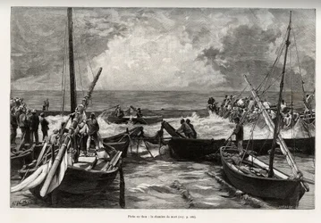 Tonhalhalászat (mattanza): a halálkamrát, szűk helyen a tonhalprést a halászok szigonyai takarják. Gaston Vuillier (1845-1915) „" La Sardaigne" című metszete és története 1890-ben, a Le tour du monde, nouveau Journal des voyages, t alatt