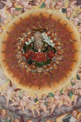 Részlet a Boldogságos Szűz mennybemeneteléről, „A zenélő angyalok kórusa”, kereszthajó kupolája, 1534-ből (freskó)