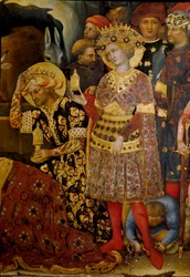 Mágusok imádatának oltárképe (Pala Strozzi) Két királyt ábrázoló részlet. Gentile da Fabriano (Gentile di Niccolo) festménye (1370-1427) 1423 V. 173x220 cm. Tempera fán. Firenze, Galleria degli Uffizi (Uffizi)