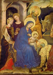 A Háromkirályok egyike térdel a Krisztusgyermek előtt, a királyi korona a földön (tempera, fa).