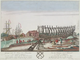 A zeelandi admiralitás vlissingeni hajógyárának látképe 1779-ben. Litográfia (36,3x49,1 cm), Leizel metszete Georg Balthasar Probst (1732-1801) rajza alapján.