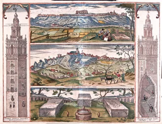 Seviglia - Gerena (a sevillai Giralda) - 5 nézet San Juanról a Guadalquiviron, 3 római sír és torony az oldalon, Georg Braun "Civitates Orbis Terrarum" című művében, Köln, 1617.
