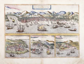 Kilátás az indiai Kalkuttára és a Perzsa-öböl bejáratánál lévő Ormuzra, az indiai Canonorra és a nyugat-afrikai El Mina portugál erődítményére, 1572