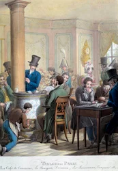 Párizsi életkép: a Café du Commerce látképe: beszélgető és dominózó polgárok. Georg Emanuel Opitz (1775-1841) litográfiája, 19. század. Párizs, Musée Carnavalet.